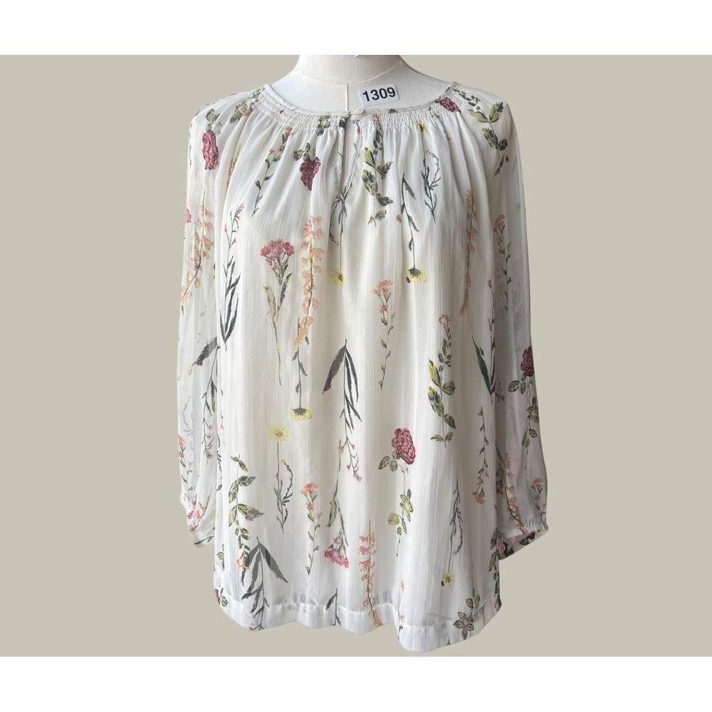 Floral Peasant Blouse Womens 3X Ivory Boho Cottagecore Long Sleeve flowy sheer
